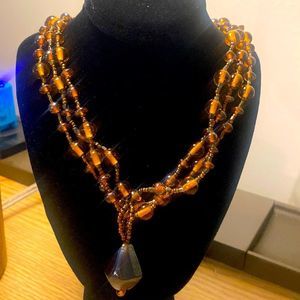 Vintage amber glass beaded multi row collar large teardrop amber bib necklace